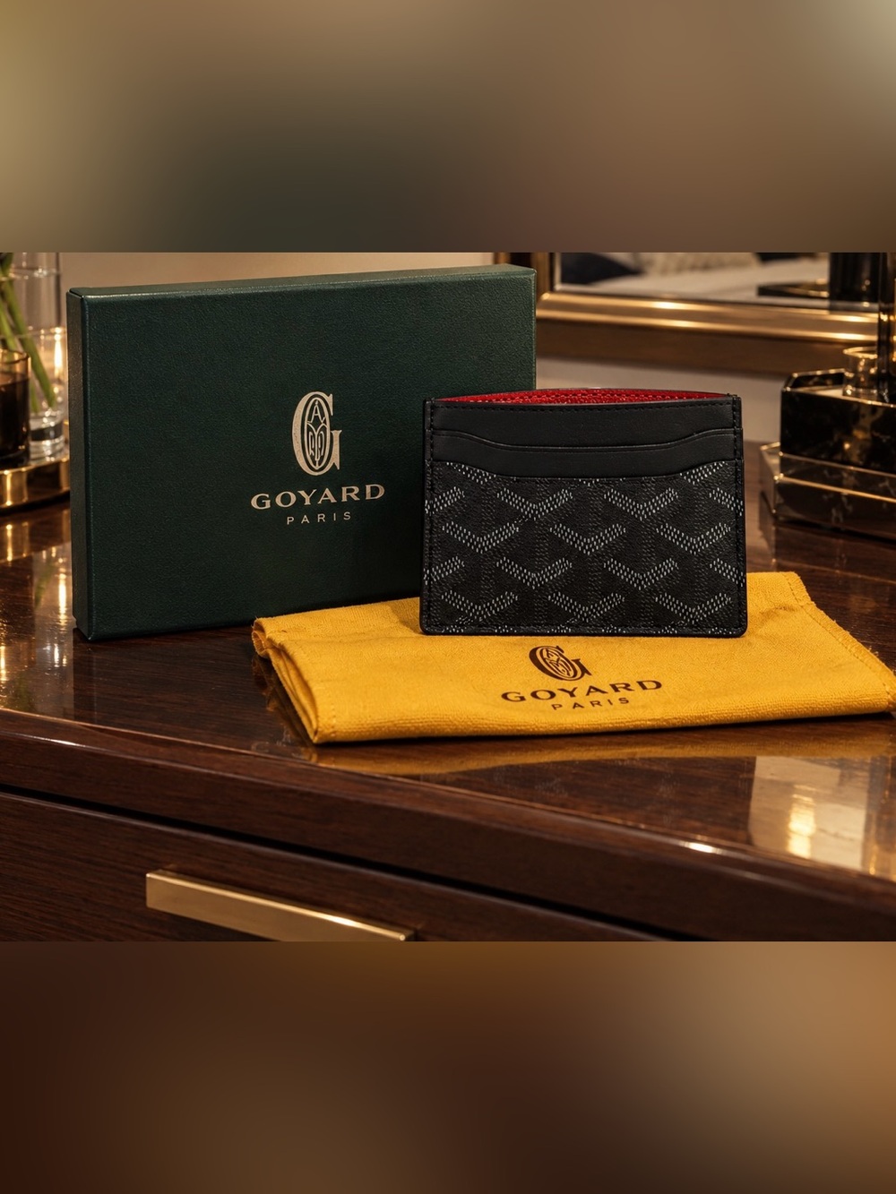 Goyard Black Card & Key Card Holder with Red Interior Accent
